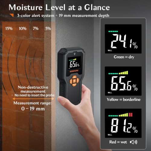 Pinless Moisture Meter with Data Memory & Custom Warning Threshold