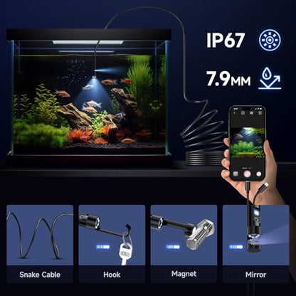 Endoscope Camera with Light, Dual-Lens 1920P HD Borescope with 8+1 Adjustable LED Lights, IP67 Waterproof Inspection Camera 16.5FT Semi-Rigid Snake Camera for iOS & Android (2 Interface) - size: 2 Interface