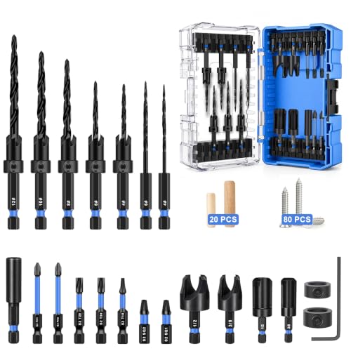 Countersink Drill Bit Set 22PCS with 20 Wood Plugs & 80 Screws for Wood