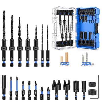 Countersink Drill Bit Set 22PCS with 20 Wood Plugs & 80 Screws for Wood