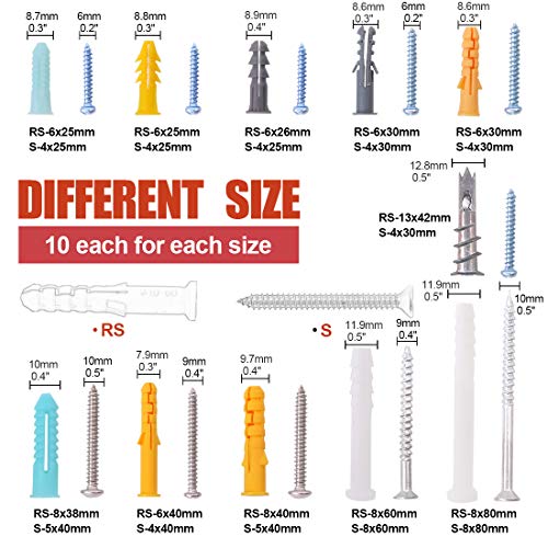 Hilitchi 220-Pieces Zinc and Plastic Self Drilling Drywall Anchors with Phillips Pan head Self Tapping Screws Assortment Kit - size: B Kit