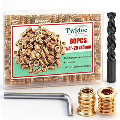 Twidec/80PCS 1/4"-20 Threaded Inserts for Wood Furniture Screw-in Nut Wood Inserts Bolt Assortment Kit with M6 Hex Wrench (1/4"-20 x15mm) N-059 - size: 1/4"-20 x 15mm (80 PCS)