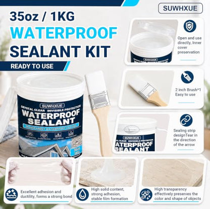 Clear Waterproof Sealant, SUWHXUE 35oz/1KG Water-Based Transparent Waterproof Leak Repair Coating, Invisible Flexible Sealant for Concrete Walls Wood Metal Roof Water Sealer Indoor & Outdoor - size: 35 Oz