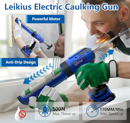 Electric Caulk Gun with LED Light, 6 Speed Adjustment for Kitchen Bathroom Filling, Sealing,Cordless Caulking Gun with 2x 2000mAh Batteries,Charger, Caulk Finish Tools,Nozzle and Knife