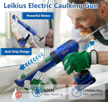 Electric Caulk Gun with LED Light, 6 Speed Adjustment for Kitchen Bathroom Filling, Sealing,Cordless Caulking Gun with 2x 2000mAh Batteries,Charger, Caulk Finish Tools,Nozzle and Knife