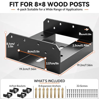 8x8 Post Base 4 Pack, Adjustable Deck Post Support, Fits 7.5'' x 7.5'' Wood - size: 8x8