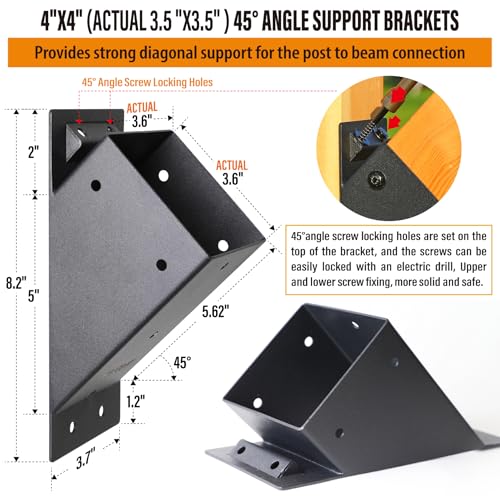 2pack 4x4 (Actual 3.5''x3.5'') Degree Angle Support Brackets, for Pergola, Gazebo, Deck Wood Frame Structures Provide Support 45° Degree Angle Bracket - size: 3.5''x3.5''