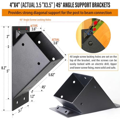 2pack 4x4 (Actual 3.5''x3.5'') Degree Angle Support Brackets, for Pergola, Gazebo, Deck Wood Frame Structures Provide Support 45° Degree Angle Bracket - size: 3.5''x3.5''