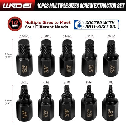 LLNDEI Screw Extractor Set, Hex Head Easy Out Set 10 Pieces (1/8”-13/32”)