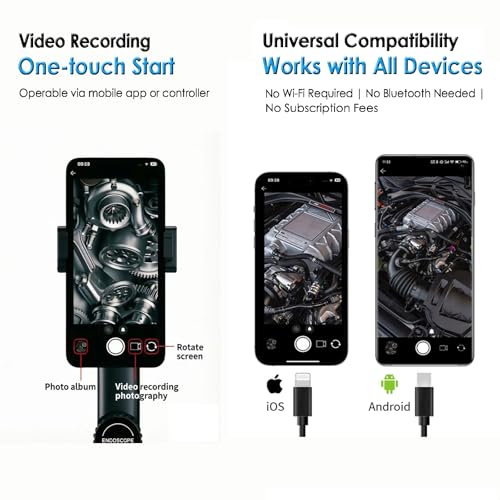 Two-Way Articulating Borescope Camera with Light, 1920P HD Snake Camera with 360° Rotation, 5ft IP67 Waterproof for Mechanics & Plumbers, Borescope with Articulating Head for iPhone & Android