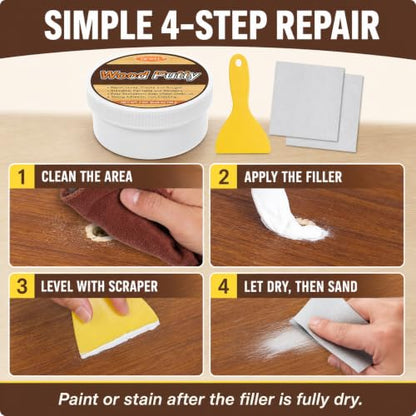 DEWEL White Wood Filler Putty, 7 oz Repair Kit with Scraper & Sandpaper