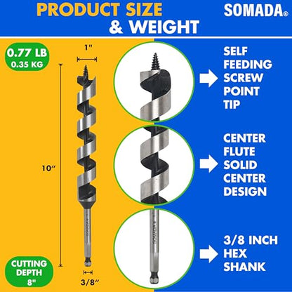 SOMADA 1" x 10" Auger Drill Bit for Wood, Ship Auger Hex Shank - size: 1"x10" Silver