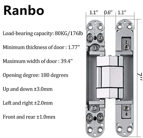 Ranbo 7 Inch Hidden Door Hinge, 3D Adjustable, Zinc Alloy Hardware Kit - size: 7 Inch