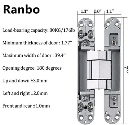 Ranbo 7 Inch Hidden Door Hinge, 3D Adjustable, Zinc Alloy Hardware Kit - size: 7 Inch