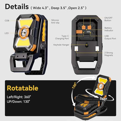 Adelante W3 Rechargeable Clamp Work Light, 2100LM, 360° Rotating Head