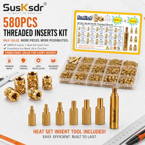 580+7PCS Heat Set Threaded Inserts Kit, M2 M2.5 M3 M4 M5 M6 Metric Brass Threaded Inserts Assortment, Knurled Inserts with Heat Set Insert Tool, for 3D Printing Components, Plastic Parts, DIY Projects