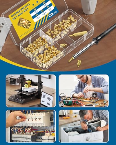 152 Pcs Threaded Inserts for Plastic, 3 Sizes of M3 Heat Set Inserts with Soldering Tip & Adapter, Brass Heat Inserts, Metric Knurled Nut Inserts Kit for 3D Printing Components