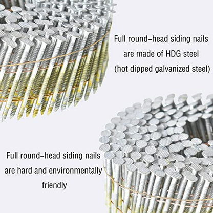 Wire Coil Siding Nails - 1-1/2 x 0.092 Ring Shank 15 Degree Full Round Head Siding Nails, 3600 Count Hot-Dipped Galvanized for Rough Nailing of Lathing and Sheathing Materials - size: 0.092*1-1/2in