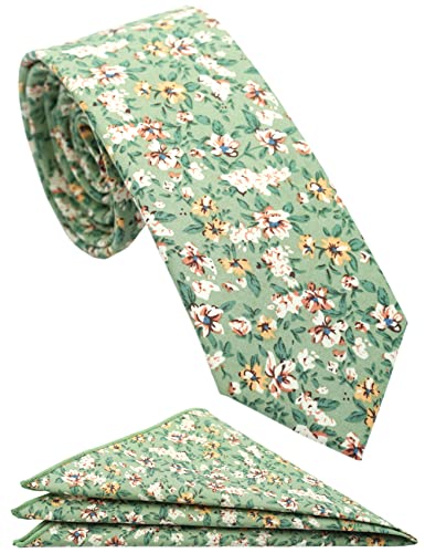 Cotton 2.5-Inch Skinny Floral Tie and Pocket Square Set for Men - color: Jade Green