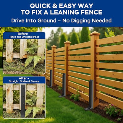 Fence Post Repair Kit for Leaning Fences, No-Dig, Black, 2-Pack - color: Black