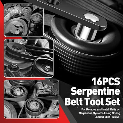 DNA MOTORING 16pc Serpentine Belt Tool Set, Install Remove Serpentine Belts For Spring Loaded, With Case, TOOLS-00539 - style: 16pc Serpentine Belt Set