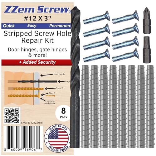 8-Pack #12 x 3 inch Permanent Stripped Door Hinge Screw Hole Repair Kit - size: 8 Pack