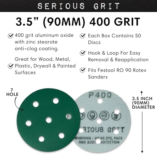 Serious Grit - 3.5" (90mm) 7-Hole P400 Grit Sanding Discs - 50 Pack Box - size: 400 Grit
