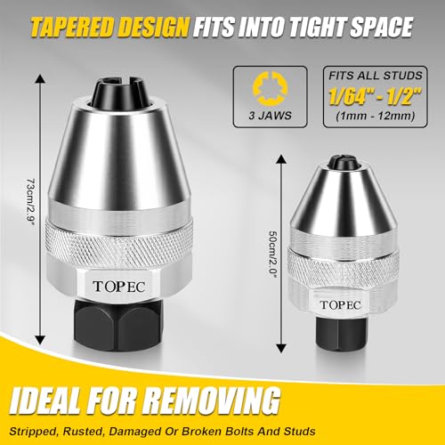 Topec 2Pcs Stud Extractor Set, 1/4" & 3/8" Drive Stud Removal Tool, Suitable for Removing 1/64-Inch to 1/2-Inch Bolts, Premium CR-MO Steel Broken Bolt Extractor for Damaged, Rusted or Stripped Studs - size: 1/4 & 3/8 Inch Drive