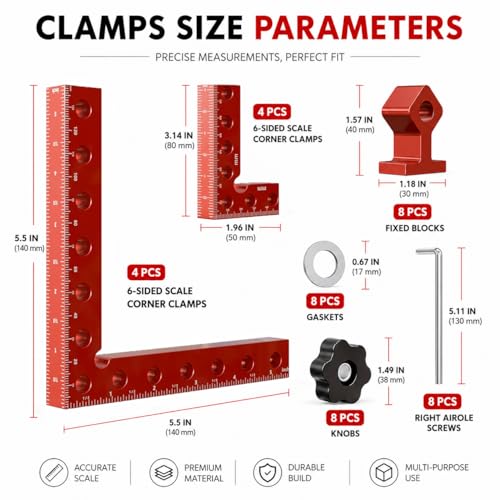 Corner Clamps for Woodworking, 8-Piece 90 Degree Right Angle Clamp Set with Storage Case, 4 x 5.5 in and 4 x 3.14 in Positioning Squares for Cabinets, Frames, Drawers and Boxes