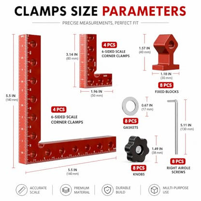 Corner Clamps for Woodworking, 8-Piece 90 Degree Right Angle Clamp Set with Storage Case, 4 x 5.5 in and 4 x 3.14 in Positioning Squares for Cabinets, Frames, Drawers and Boxes