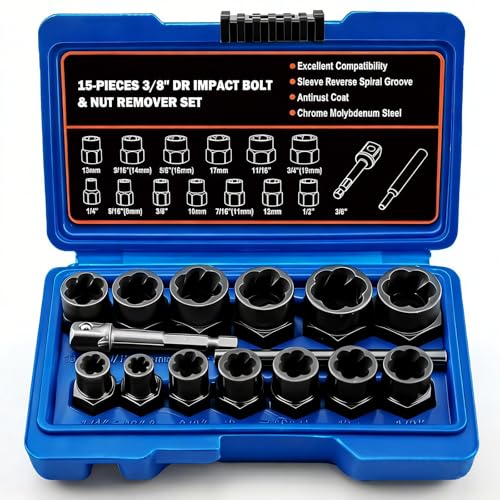 greywolf Bolt Extractor Set, 15 pcs Bolt Extractor Kit with 3/8 Inch Stripped Nut Remover, Easy-to-Remove Bolt Extractor Set for Rusted, Rounded, Damaged Nuts and Screws - size: 15