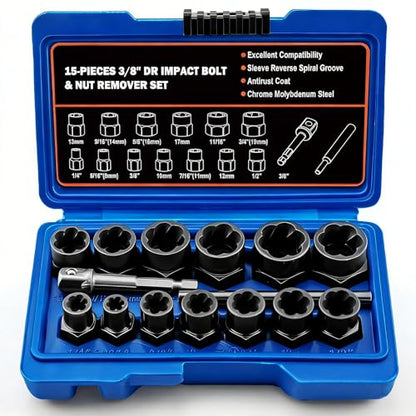 greywolf Bolt Extractor Set, 15 pcs Bolt Extractor Kit with 3/8 Inch Stripped Nut Remover, Easy-to-Remove Bolt Extractor Set for Rusted, Rounded, Damaged Nuts and Screws - size: 15