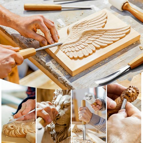 BAUSATZ Wood Carving Kit, 12 Chisels + 1 Mallet + Canvas Pouch, Wood Carving Tools, Cr-V 60 Steel Blades, Woodworking Tools for Professionals Carpenters Wood Chisel Sets for Woodworking Beginners