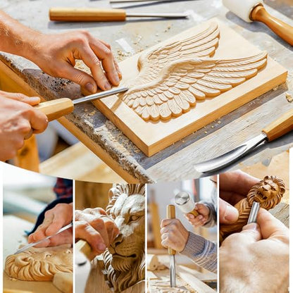 BAUSATZ Wood Carving Kit, 12 Chisels + 1 Mallet + Canvas Pouch, Wood Carving Tools, Cr-V 60 Steel Blades, Woodworking Tools for Professionals Carpenters Wood Chisel Sets for Woodworking Beginners