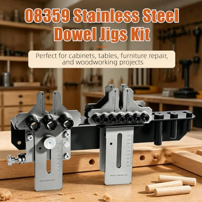 08359 Stainless Steel Dowel Jig Kit, Precision Woodworking Doweling Jig with 90 Degree Angle Bracket, 1/4" 3/8" 1/2" Dowel Hole Drilling Guide Locator for Furniture Cabinet Joinery DIY Wood Projects