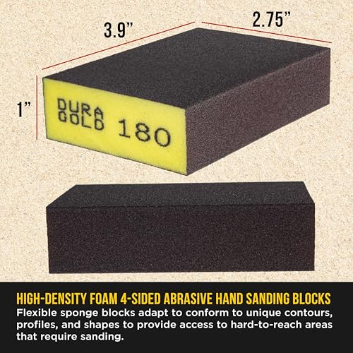 Dura-Gold 4-Sided Hand Sanding Block Sponge Variety Pack, Box of 18, Grits 36, 60, 80, 100, 120, 150, 180, 220, 320-3.9" x 2.75" x 1" Wet or Dry Flexible Sandpaper Pads Sand Wood Drywall Metal Paint - style: 18 Variety Pack