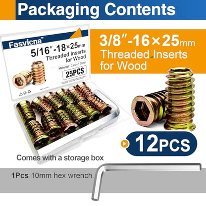12PCS 3/8"-16 x 25mm Threaded Inserts for Wood, Hex Drive Nuts - size: 3/8"-16 x 25mm