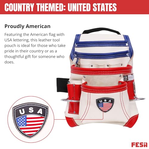 FESA Leather Carpenter Tool Pouch - 10-Pocket Heavy Top Grain Leather Carpenter Pouch with 2 Hammer Loops, Large & Small Pockets - Fits Work Belts up to 3" - Handcrafted - Country-Themed - color: White - USA
