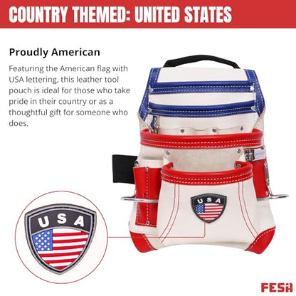 FESA Leather Carpenter Tool Pouch - 10-Pocket Heavy Top Grain Leather Carpenter Pouch with 2 Hammer Loops, Large & Small Pockets - Fits Work Belts up to 3" - Handcrafted - Country-Themed - color: White - USA