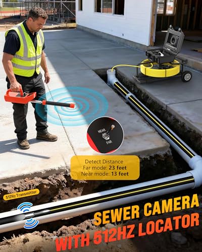 OKK Sewer Camera with 512Hz Locator, Professional 9" Self-Leveling Drain Camera 300ft, Distance Counter, 7mm Cable, Pull Handle, Wheels, IP68 Waterproof, DVR with Mic, 32GB Card, 5100mAh Battery - size: 300ft/90m