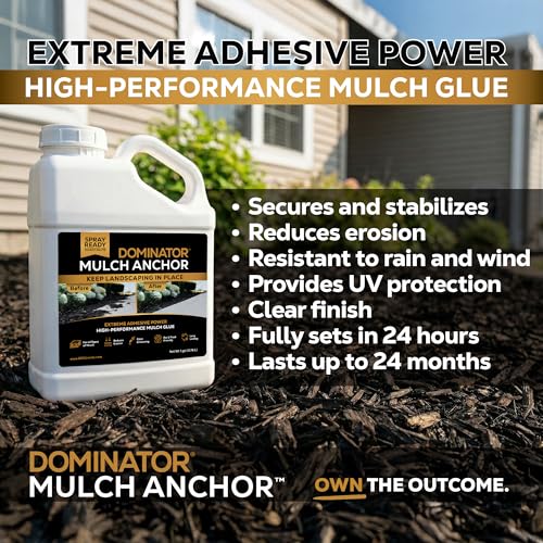 DOMINATOR Mulch Anchor 64oz - Mulch Glue for Landscaping | Mulch Glue Spray for Rubber Mulch, Wood Chips, Pine Straw, Cedar & Cypress | Ready to Spray Heavy Duty Landscape Glue - size: 0.5 Gallon, style: Mulch Glue