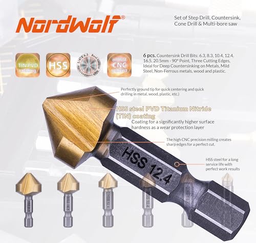 12PCS HSS Titanium Step, Countersink, Cone Drill Set with 1/4" Hex Shank - size: 12 pcs