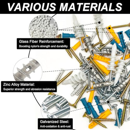 550Pcs Drywall Anchors and Screws Kit,275 Plastic & Heavy Duty Zinc Self-Drilling Anchors and 275 Flat Head Screws,Multiple Sizes Anchors for Drywall Hanging and Mounting