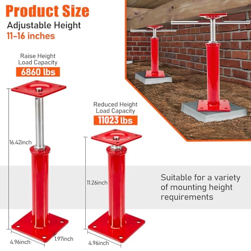 6 Pack House Jacks for Leveling Crawlspace, 11" - 16" Height Range, 11023 lbs Max Load Capacity, House Floor Jacks Post Pole for Leveling