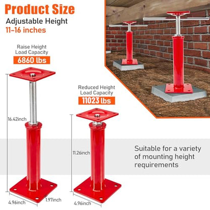 6 Pack House Jacks for Leveling Crawlspace, 11" - 16" Height Range, 11023 lbs Max Load Capacity, House Floor Jacks Post Pole for Leveling
