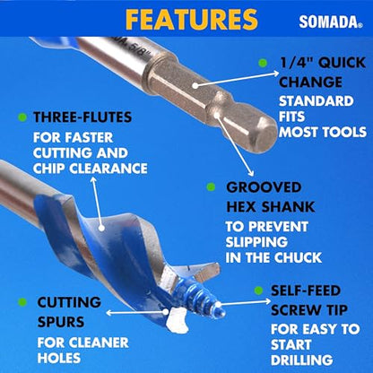 SOMADA Auger Drill Bit Set for Wood, 3-Piece, Hex Shank Quick Change - size: 3 PCS SET