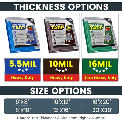 TICONN Heavy Duty Tarp Cover, Extra Thick Tarps Waterproof Tear and Rip Proof UV Resistant Tarpaulin with Reinforced Grommets and Edges (5.5 Mil, 12'x16') (Pack of 2) - color: Blue, size: 12'x16', 5.5 Mil (Pack of 2)