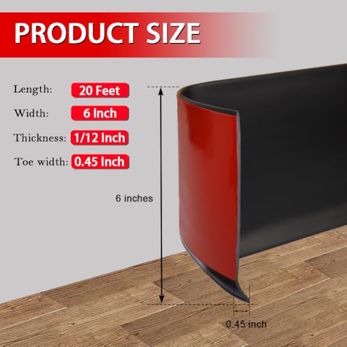 FONUNO Vinyl Wall Base Rubber Baseboard Molding Trim Self Adhesive 6" Wide - color: Black, size: 6in x 20ft