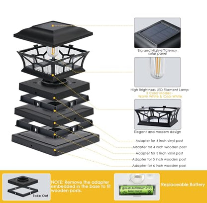 2 Pack Solar Post Cap Lights Outdoor Waterproof, Dual Light, Black - style: Classic Black