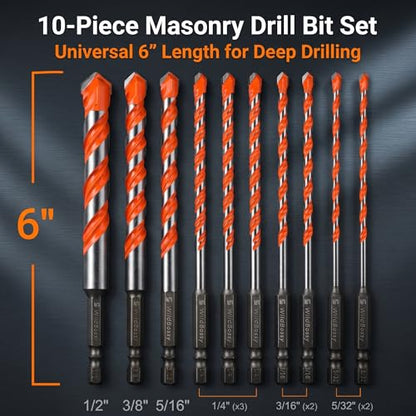 Concrete Carbide Drill Bits, Hex Shank Masonry Drill Bit,5/32"-1/2"(10PCS) - size: 5/32"-1/2"